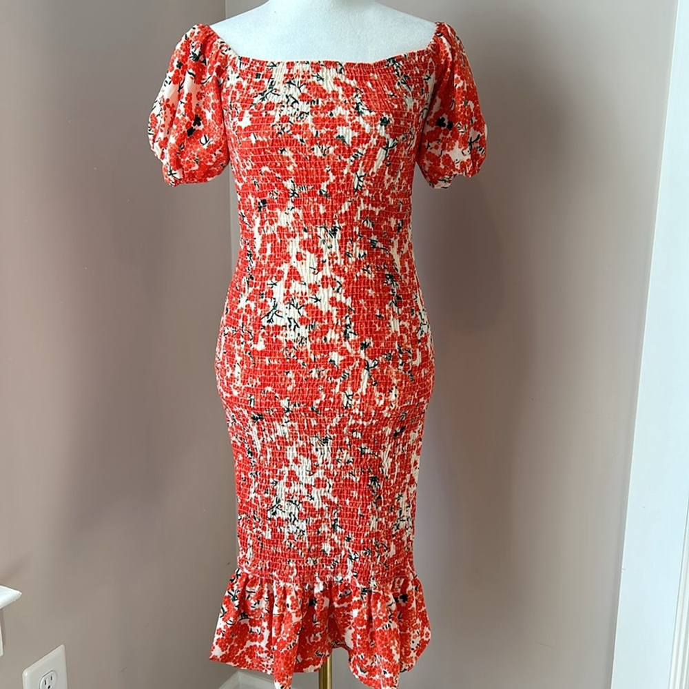 Hello Molly Haven View Midi Orange Floral Size 4 Small Bodycon Off Shoulder - Picture 5 of 8